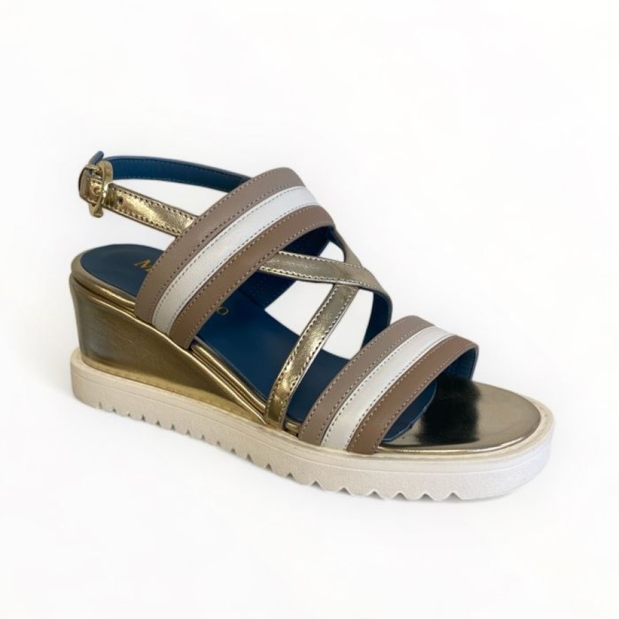 Marco Moreo Marco Moreo White/Taupe & Gold Wedge Sandal | Sandals